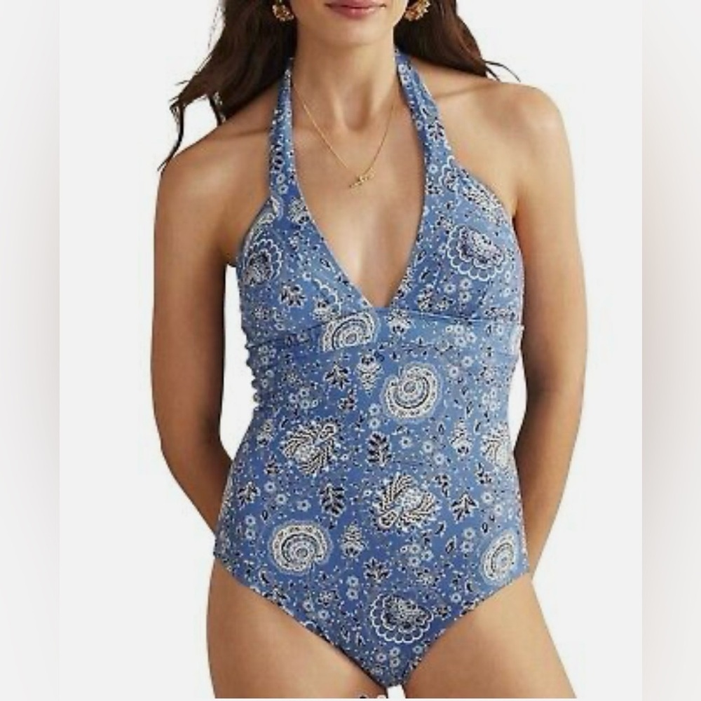 NWT Boden Ithaca Halter Swimsuit Swim One Piece Women's Blue US 6 Long